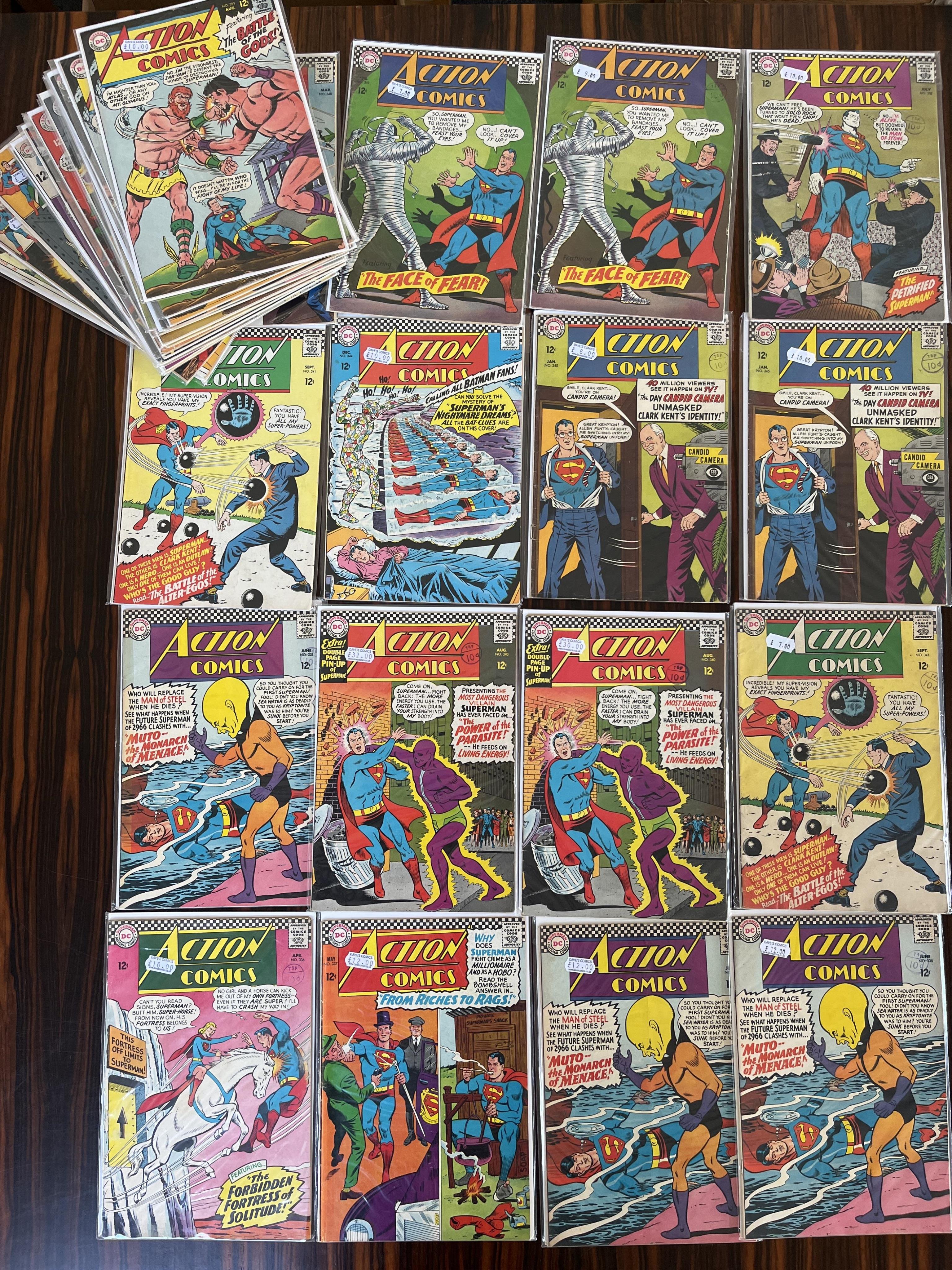 Action Comics, DC comics, 1966-1971, 36 issues between #336–403 (includes major key issue 340), comprising #336, #337, #338 x3, #340 [MAJOR key] x2, #341 x2, #344, #345 x2, #348 [minor key], #349 x2, #352, #353 x2, #356